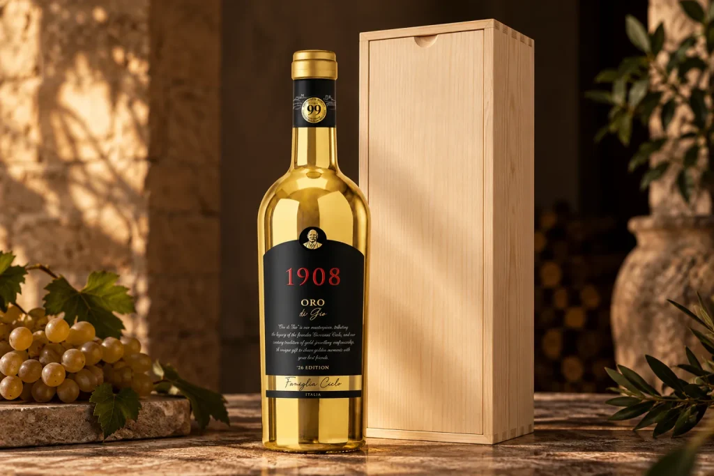 Fles wijn met houten wijnkist als relatiegeschenk